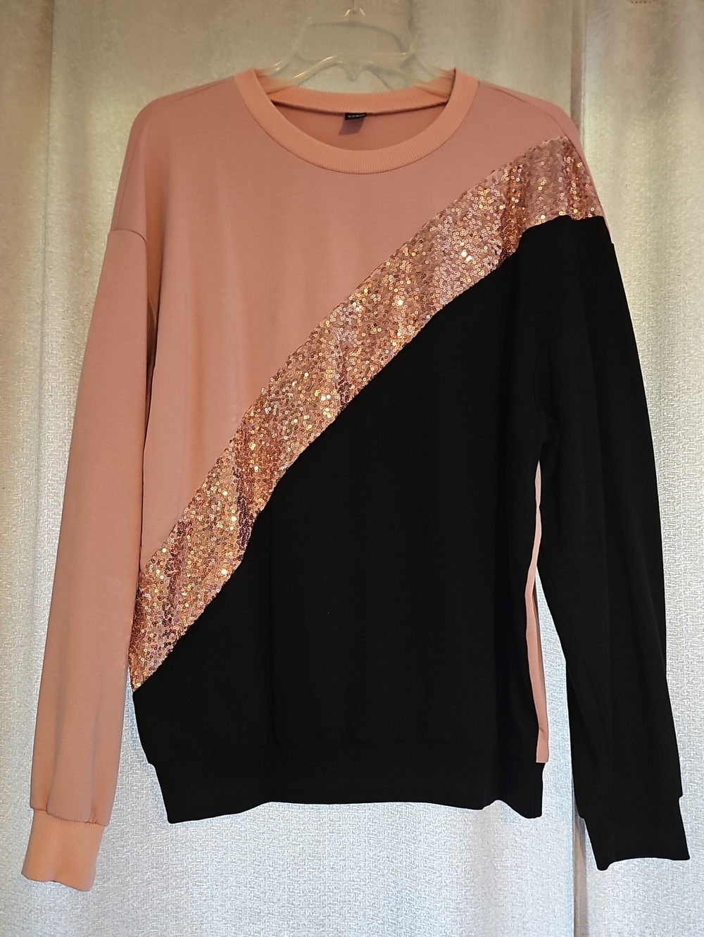 SHEIN Pink & Black Sequin Diagonal Colorblock Sweatshirt